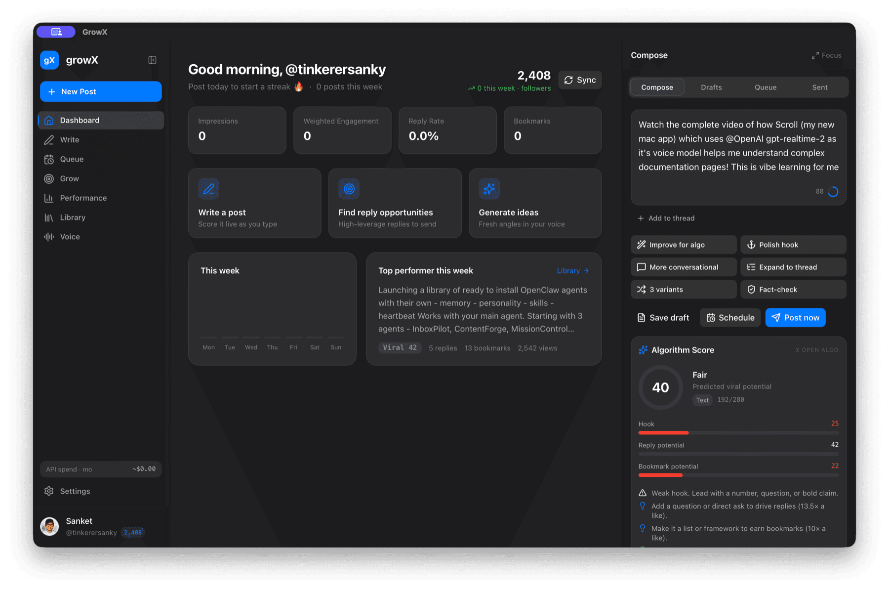GrowX dashboard showing account performance, quick actions, and the post composer