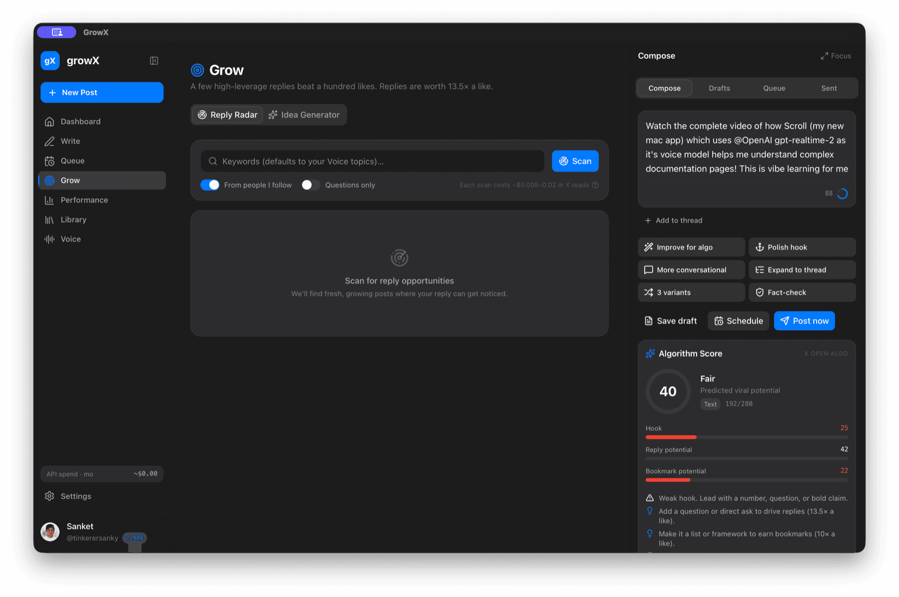 GrowX Reply Radar showing relevant conversations and a reply composer