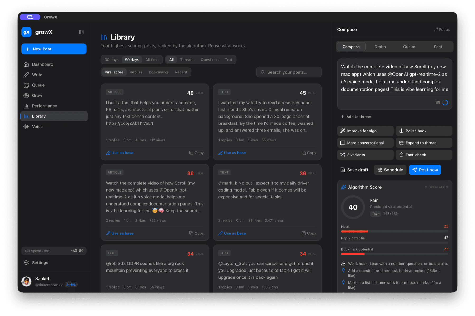 GrowX winners library showing high-performing posts and controls to use one as a writing base