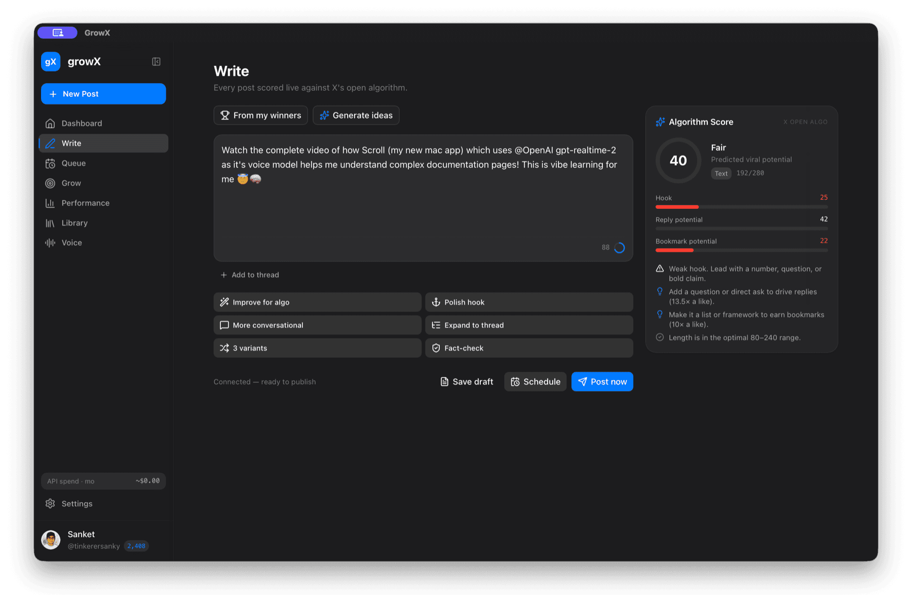 GrowX writing workspace showing a post draft, AI editing actions, and a live algorithm score